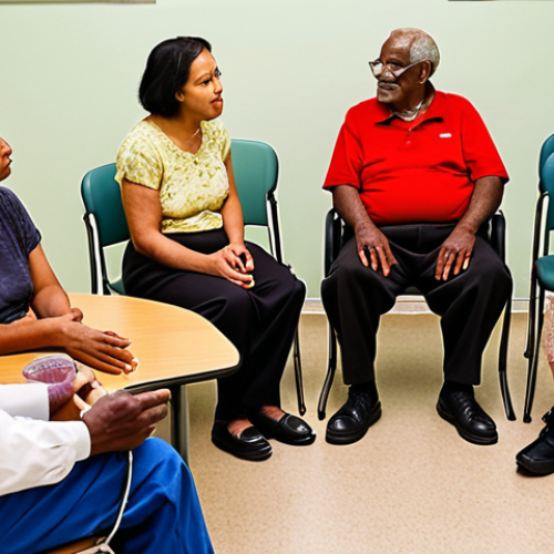 Home 6 **
Diverse group of people participating in a focus group discussion about healthcare access in a low-income neighborhood. The scene includes elderly individuals, people of color, and individuals with disabilities. The setting is a community center, and the atmosphere is warm and empathetic. Focus on capturing the storytelling aspect of qualitative research.
**