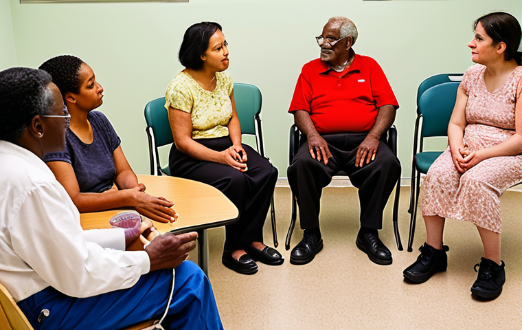 **
Diverse group of people participating in a focus group discussion about healthcare access in a low-income neighborhood. The scene includes elderly individuals, people of color, and individuals with disabilities. The setting is a community center, and the atmosphere is warm and empathetic. Focus on capturing the storytelling aspect of qualitative research.
**