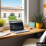 Home 19 개인 실험 설계의 기본 구조 - A cozy, sunlit home office corner in a modern Spanish apartment, featuring a wooden desk with a lapt...