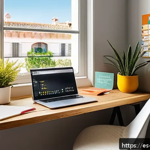 Home 13 개인 실험 설계의 기본 구조 - A cozy, sunlit home office corner in a modern Spanish apartment, featuring a wooden desk with a lapt...