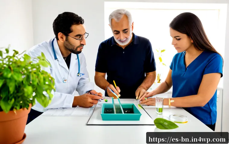 실험 설계에서의 주제 선택 팁 - Photorealistic university research team in a bright Spanish laboratory, an older professor and two d...